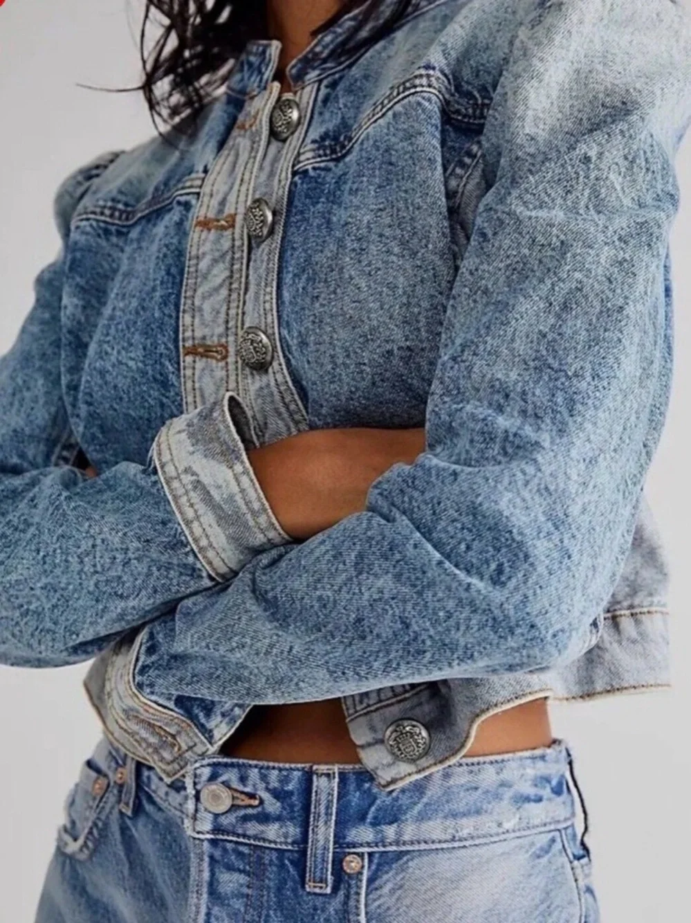 Free People Aubrey Faded Blue Denim Jacket - Picture 2 of 7